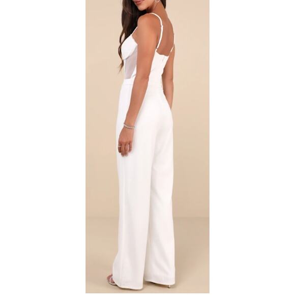 LULU'S M Perfectly Sultry White Sheer Mesh Bustier Wide-Leg Jumpsuit NWT B84 - Picture 2 of 14